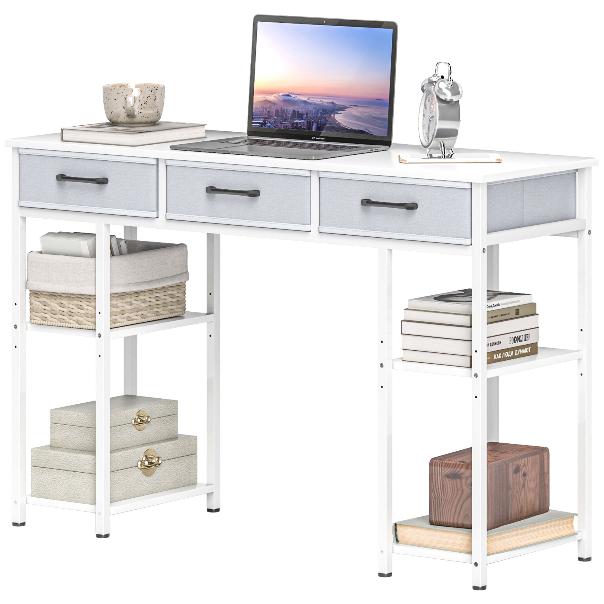Bureau Compact Blanc 120 cm – Tiroirs Tissu & Étagères Réglables