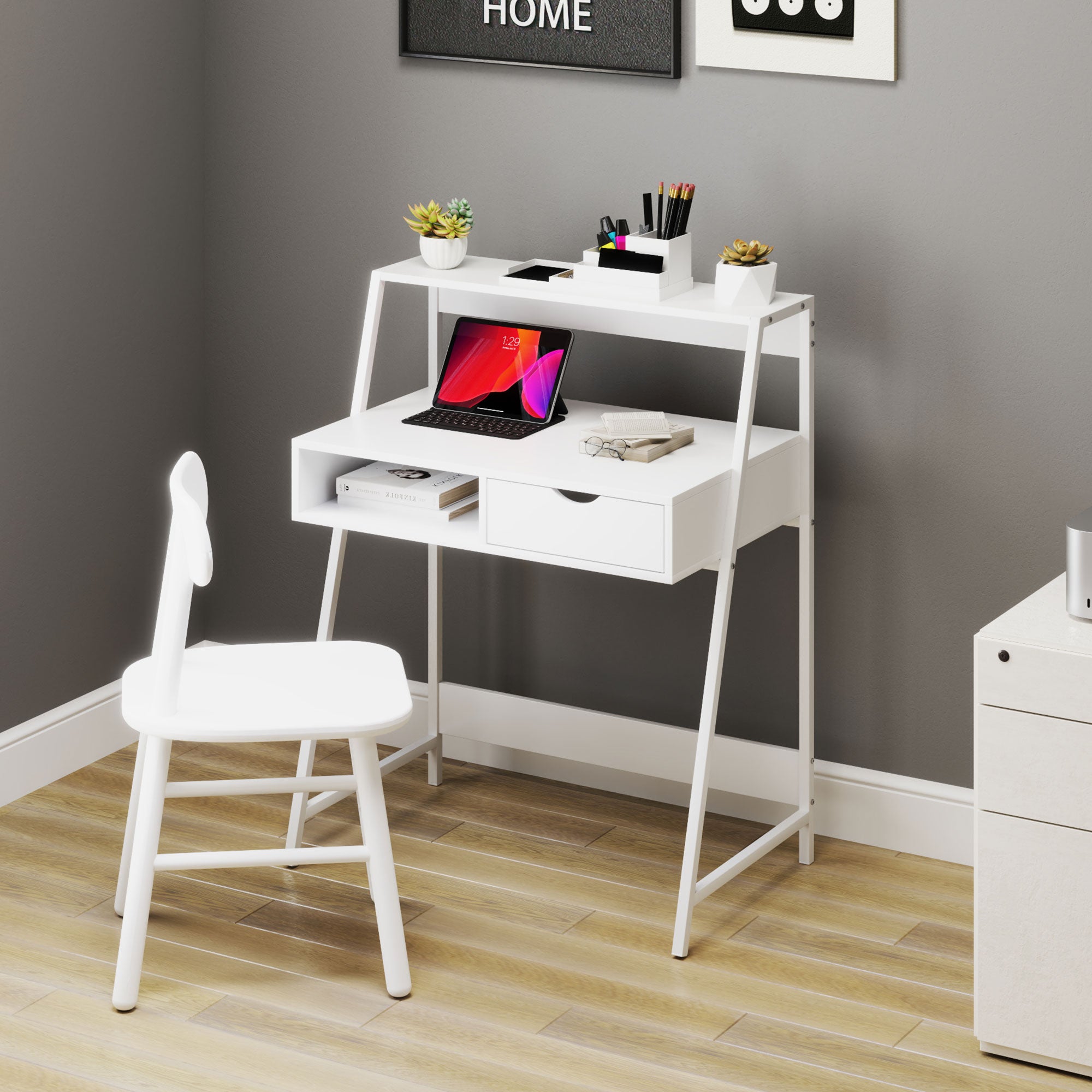 DeskHarmony™ Compact Desk with Drawer and Shelves – Modern White Design for Small Spaces