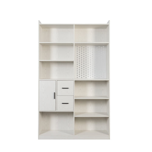 DeskHarmony™ Design Bookshelf with Pegboard and Drawers – 9-Compartment Office Shelf, Modern White Storage for Home Office