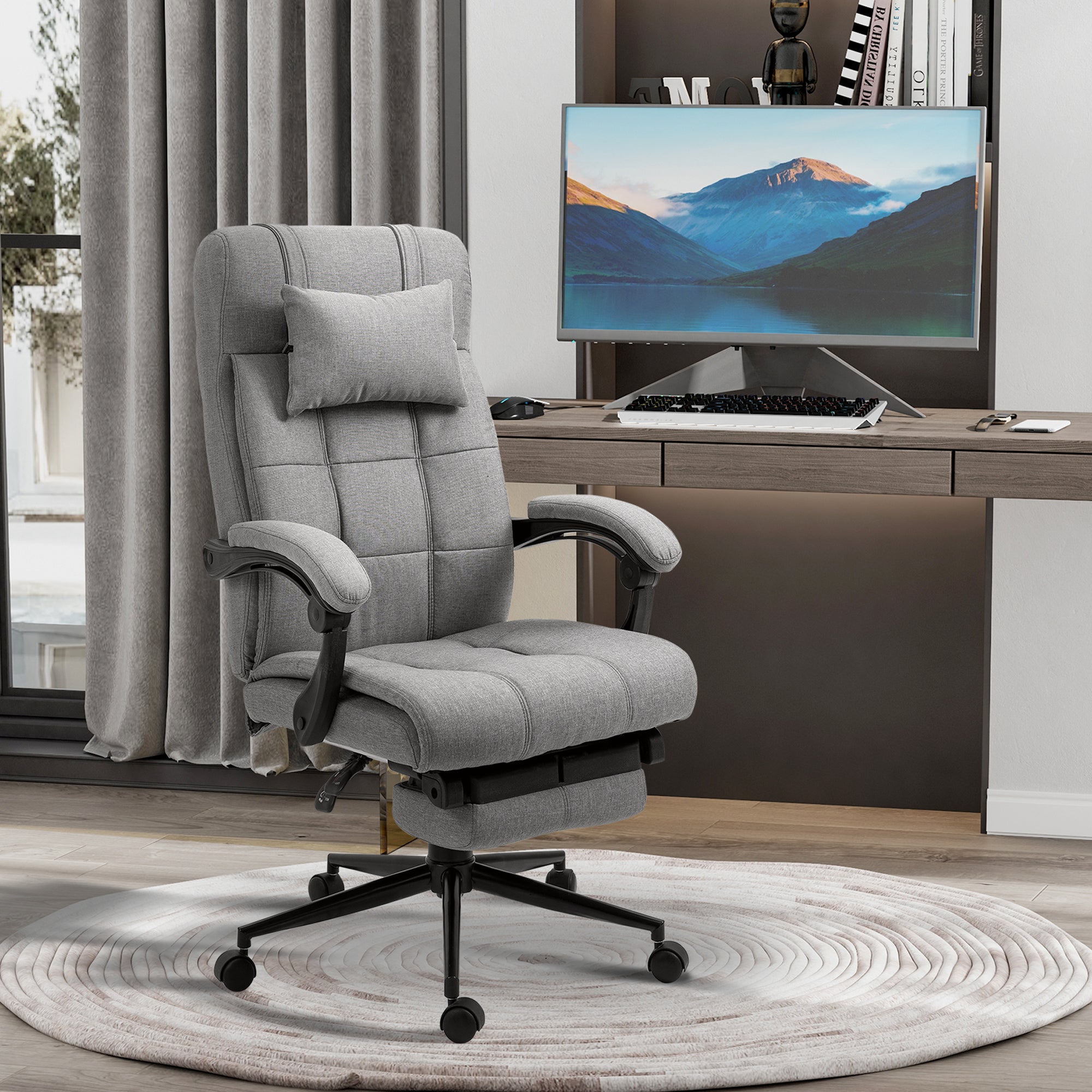 Fauteuil de Bureau Inclinable avec Repose-Pieds – Tissu Effet Lin & Dossier Haut