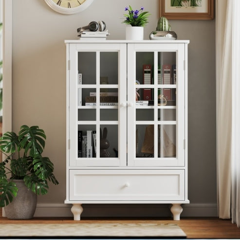 Armoire de Rangement de Bureau Blanche Minimaliste avec Portes Vitrées et Tiroir – Meuble de Classement Moderne en Bois | DeskHarmony
