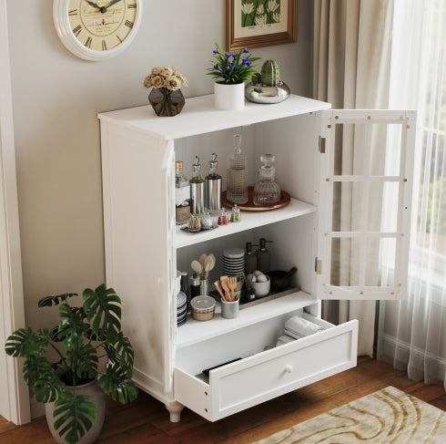 Armoire de Rangement de Bureau Blanche Minimaliste avec Portes Vitrées et Tiroir – Meuble de Classement Moderne en Bois | DeskHarmony