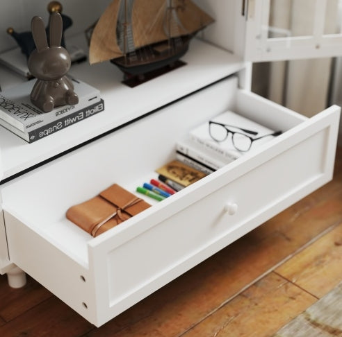Armoire de Rangement de Bureau Blanche Minimaliste avec Portes Vitrées et Tiroir – Meuble de Classement Moderne en Bois | DeskHarmony
