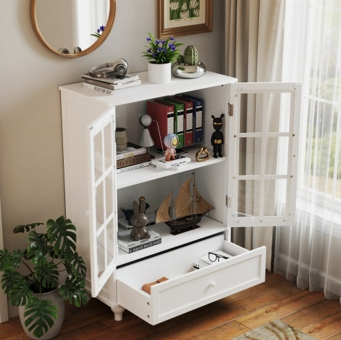 Armoire de Rangement de Bureau Blanche Minimaliste avec Portes Vitrées et Tiroir – Meuble de Classement Moderne en Bois | DeskHarmony