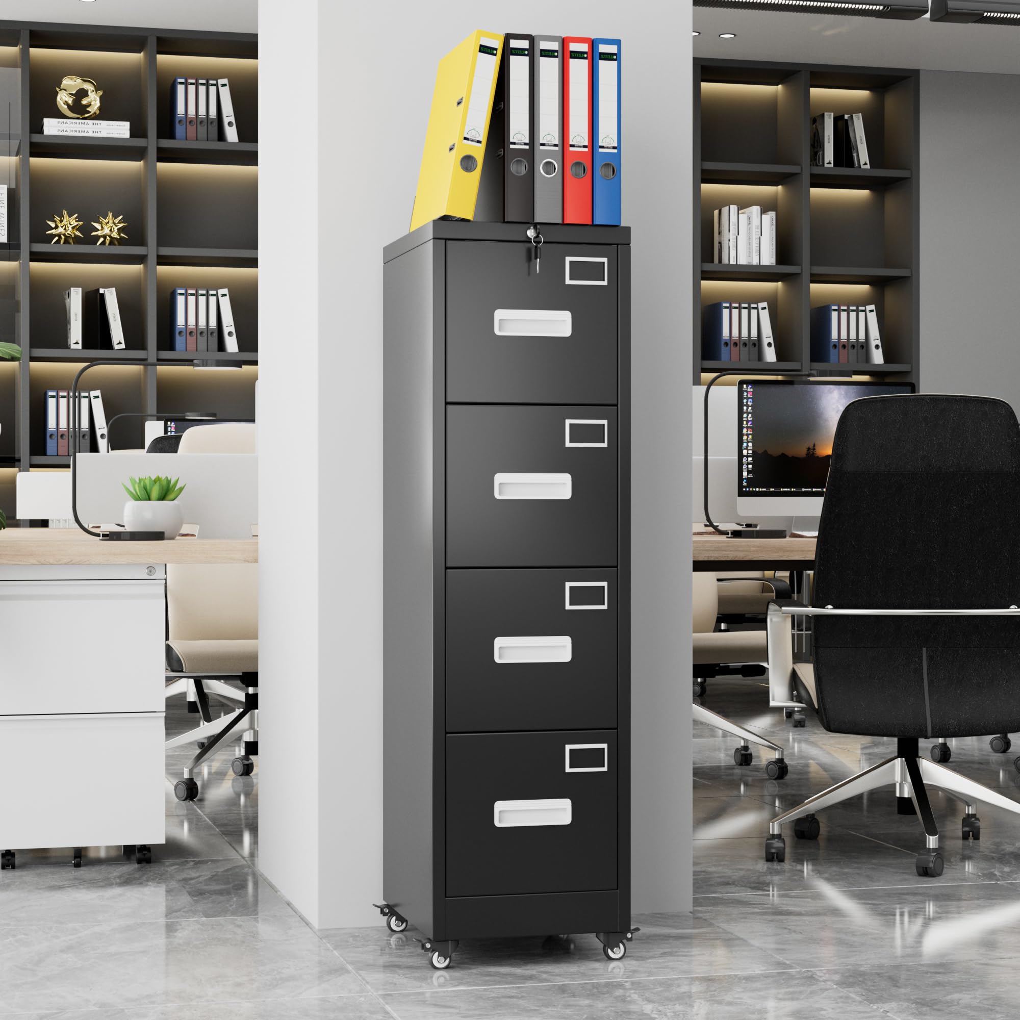4-Drawer Metal Vertical Filing Cabinet on Wheels with Lock – Lockable Black Office Storage Cabinet | DeskHarmony