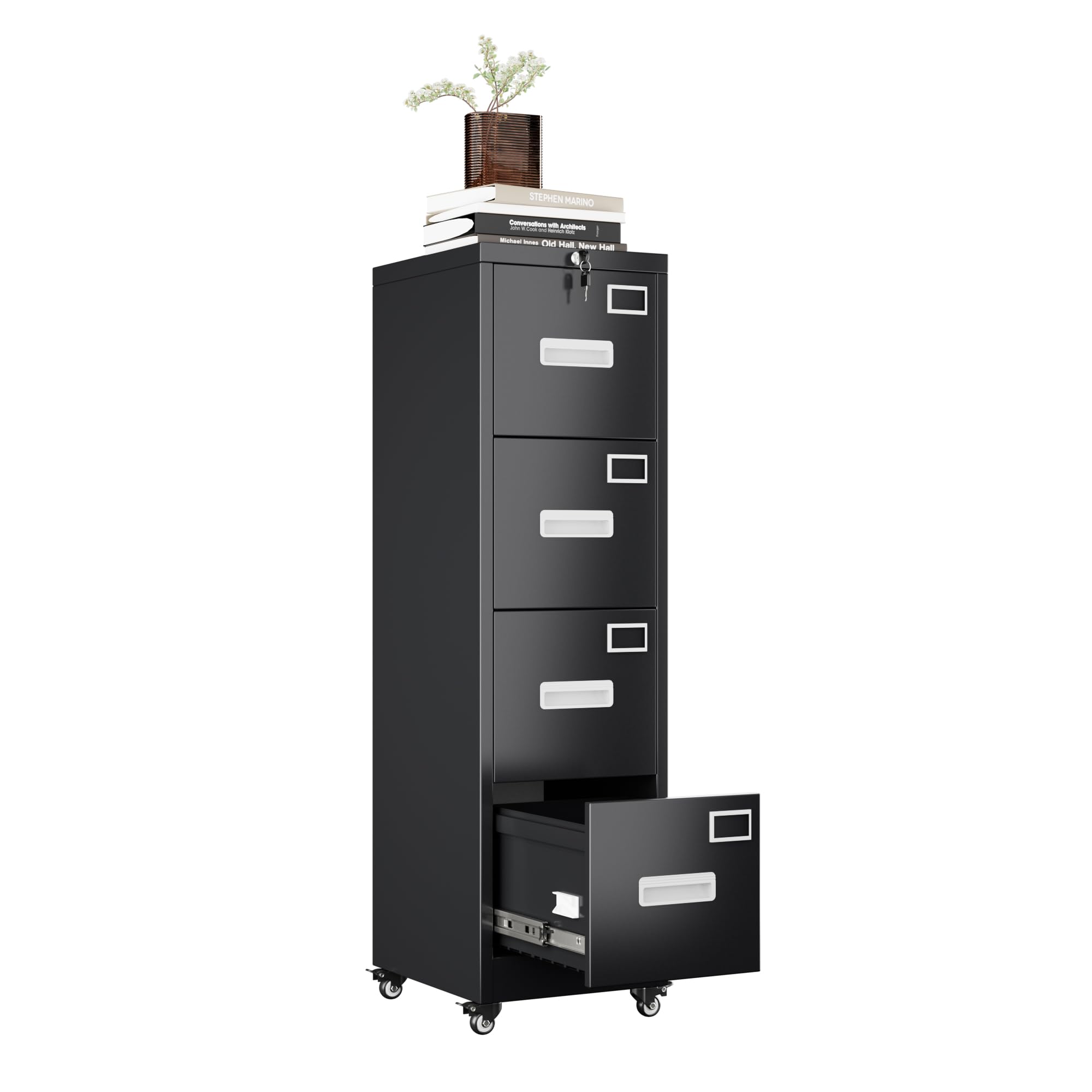 4-Drawer Metal Vertical Filing Cabinet on Wheels with Lock – Lockable Black Office Storage Cabinet | DeskHarmony