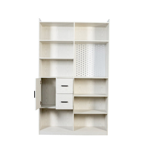DeskHarmony™ Design Bookshelf with Pegboard and Drawers – 9-Compartment Office Shelf, Modern White Storage for Home Office