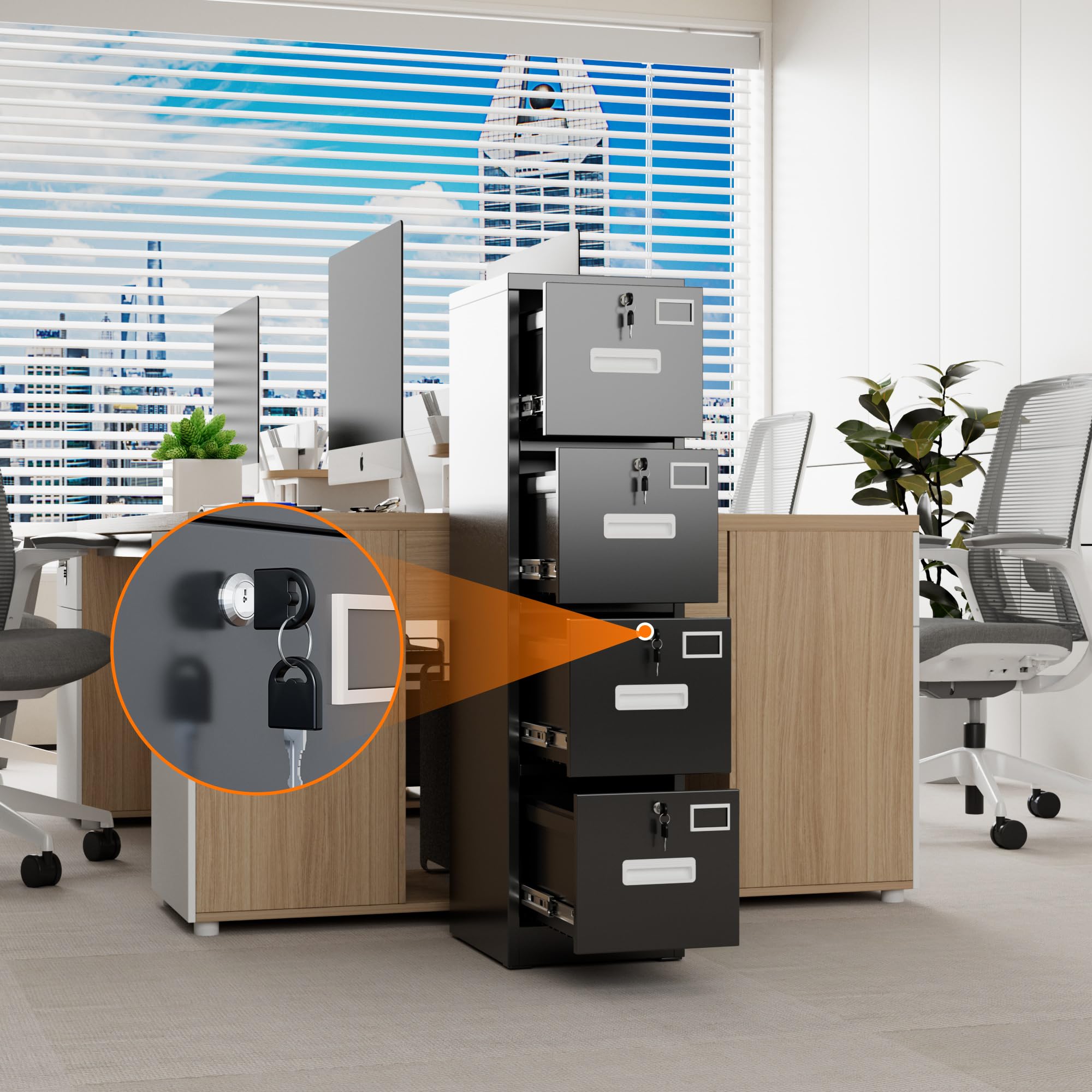 4-drawer metal filing cabinet with lock – Black professional vertical cabinet for organized office (A4, Legal, Letter)