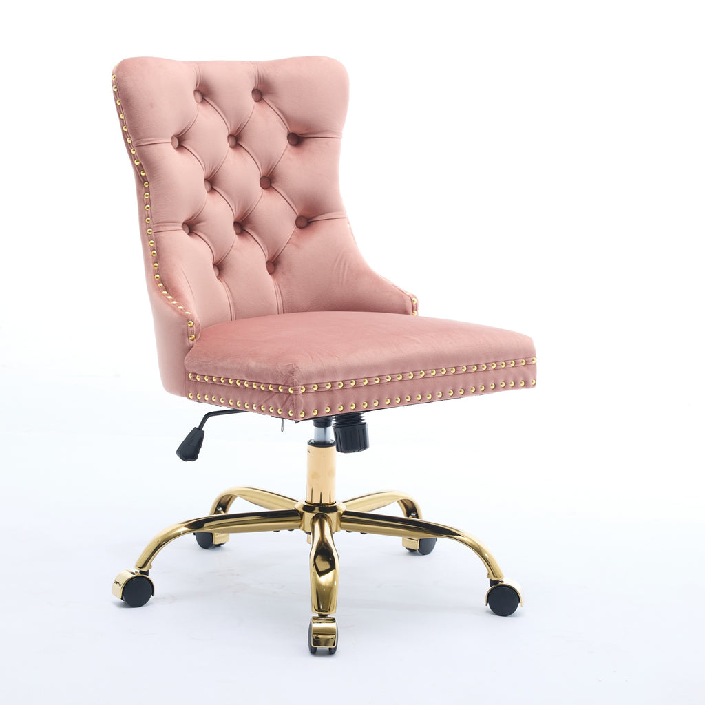 Fauteuil de Bureau en Velours Rose – Capitonné & Base Dorée Réglable