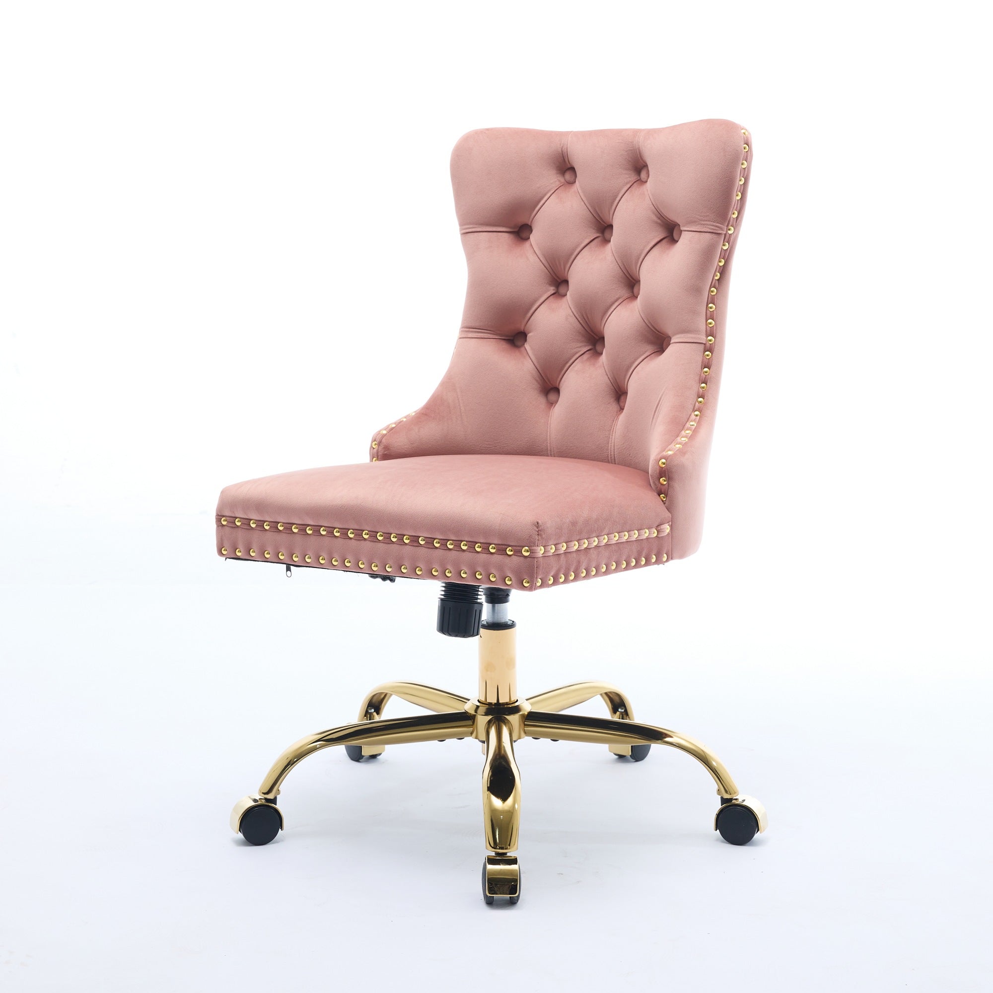 Fauteuil de Bureau en Velours Rose – Capitonné & Base Dorée Réglable