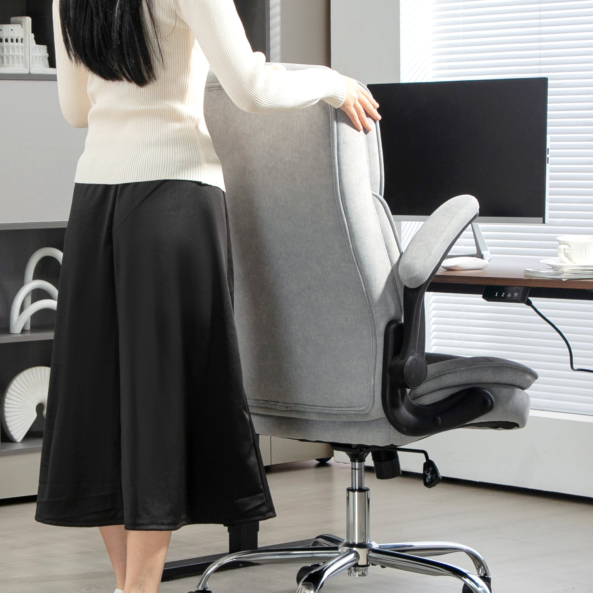 Chaise de Bureau Exécutive Design – Fauteuil de Direction Ergonomique en Tissu Diamant, Accoudoirs Relevables, Confort Premium pour Bureau & Télétravail (Gris)