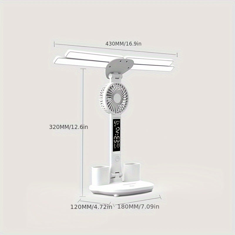 Lampe de Bureau Pliable LED avec Ventilateur Intégré – Rechargeable, Protection des Yeux & Lumière Ajustable