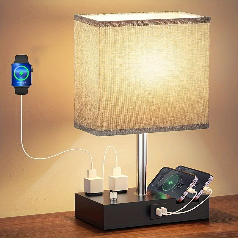 Lampe de Bureau avec Ports USB & Station de Charge – Intensité Réglable, Abat-jour Tissu, Ampoule LED Incluse
