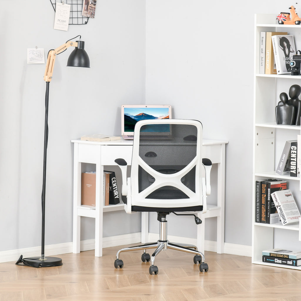 Bureau d’Angle Compact avec Tiroir et Étagères – Design Blanc Élégant & Sécurité Anti-Basculement | DeskHarmony