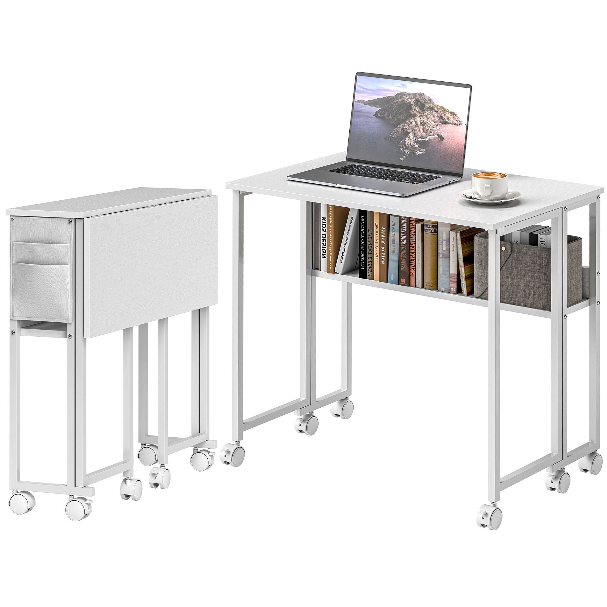 DeskHarmony™ Folding Desk with Shelf, Storage Bag and Wheels – White