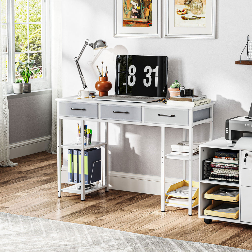 Bureau Compact Blanc 120 cm – Tiroirs Tissu & Étagères Réglables