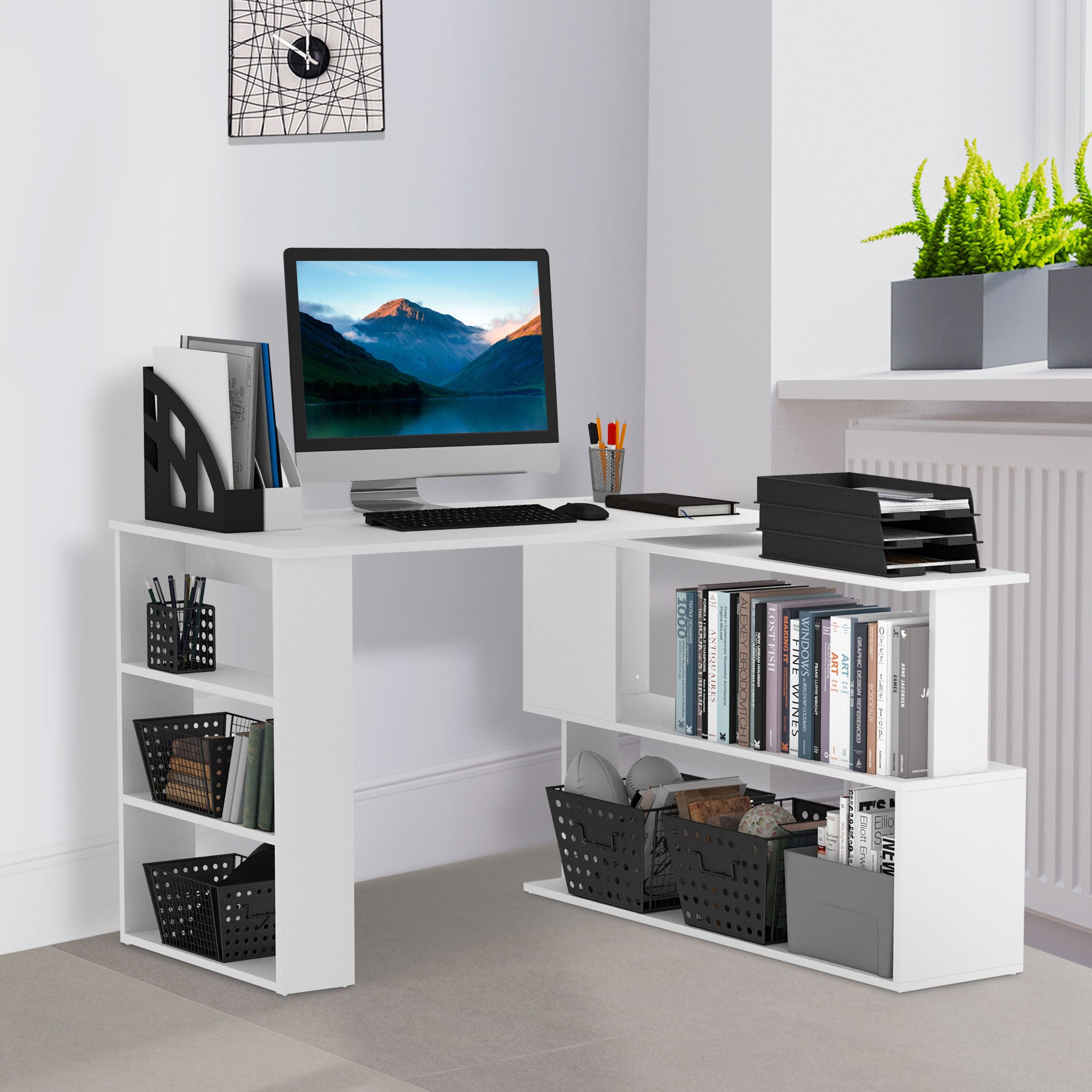 360 Rotating Home Office Desk L Shaped Corner Computer Desk With Storage Shelves, Writing Table Workstation, White 