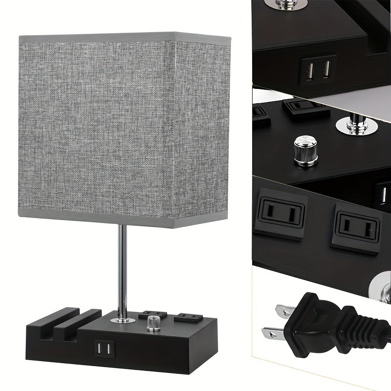 Lampe de Bureau avec Ports USB & Station de Charge – Intensité Réglable, Abat-jour Tissu, Ampoule LED Incluse