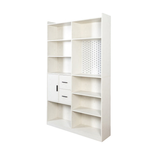 DeskHarmony™ Design Bookshelf with Pegboard and Drawers – 9-Compartment Office Shelf, Modern White Storage for Home Office