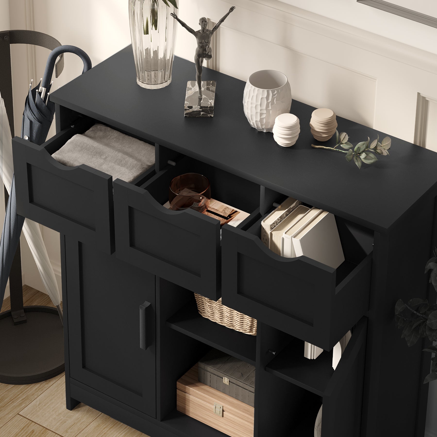 Armoire de Rangement de Bureau Moderne avec Tiroirs et Étagères – Meuble de Classement en Bois Noir pour Organisation Professionnelle