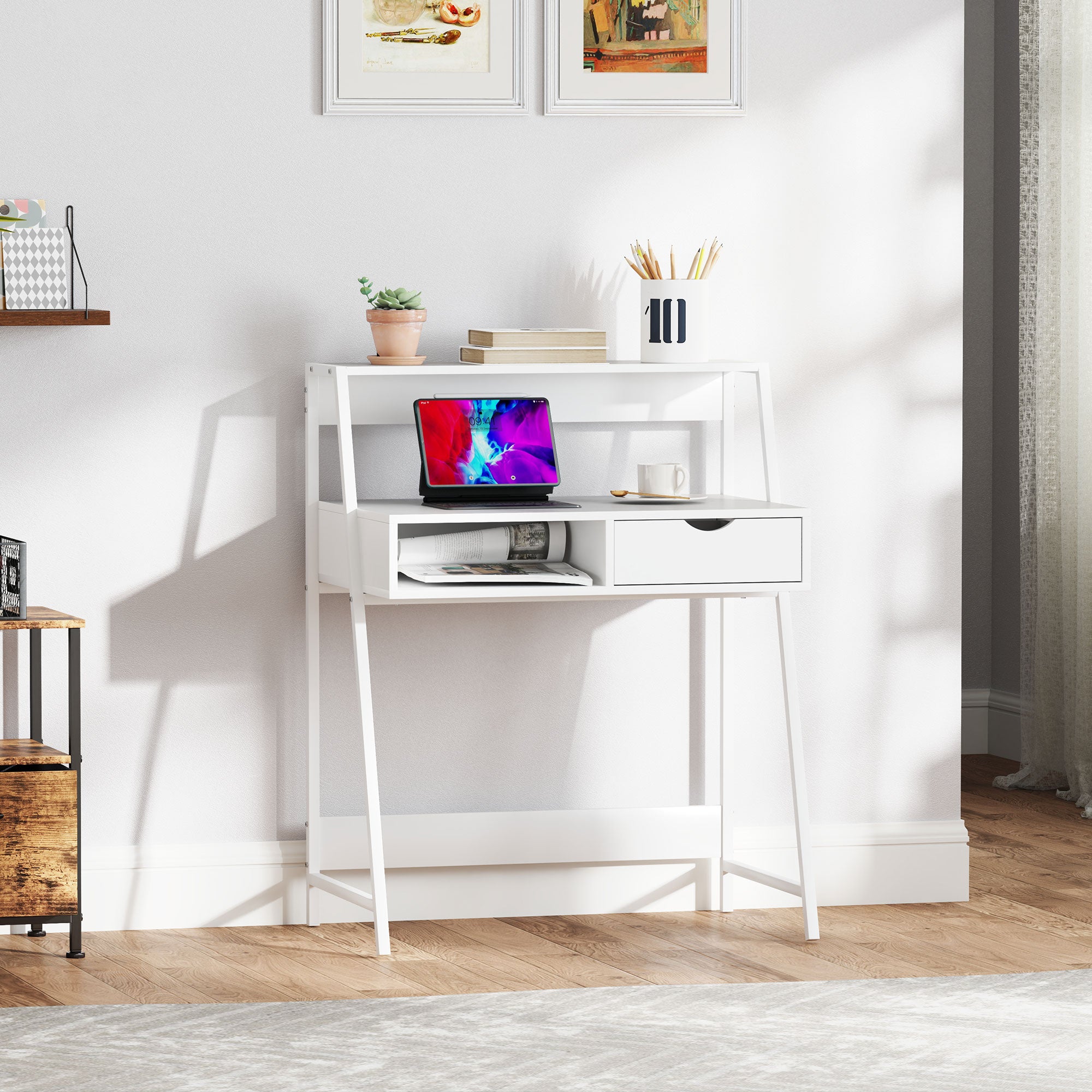 DeskHarmony™ Compact Desk with Drawer and Shelves – Modern White Design for Small Spaces