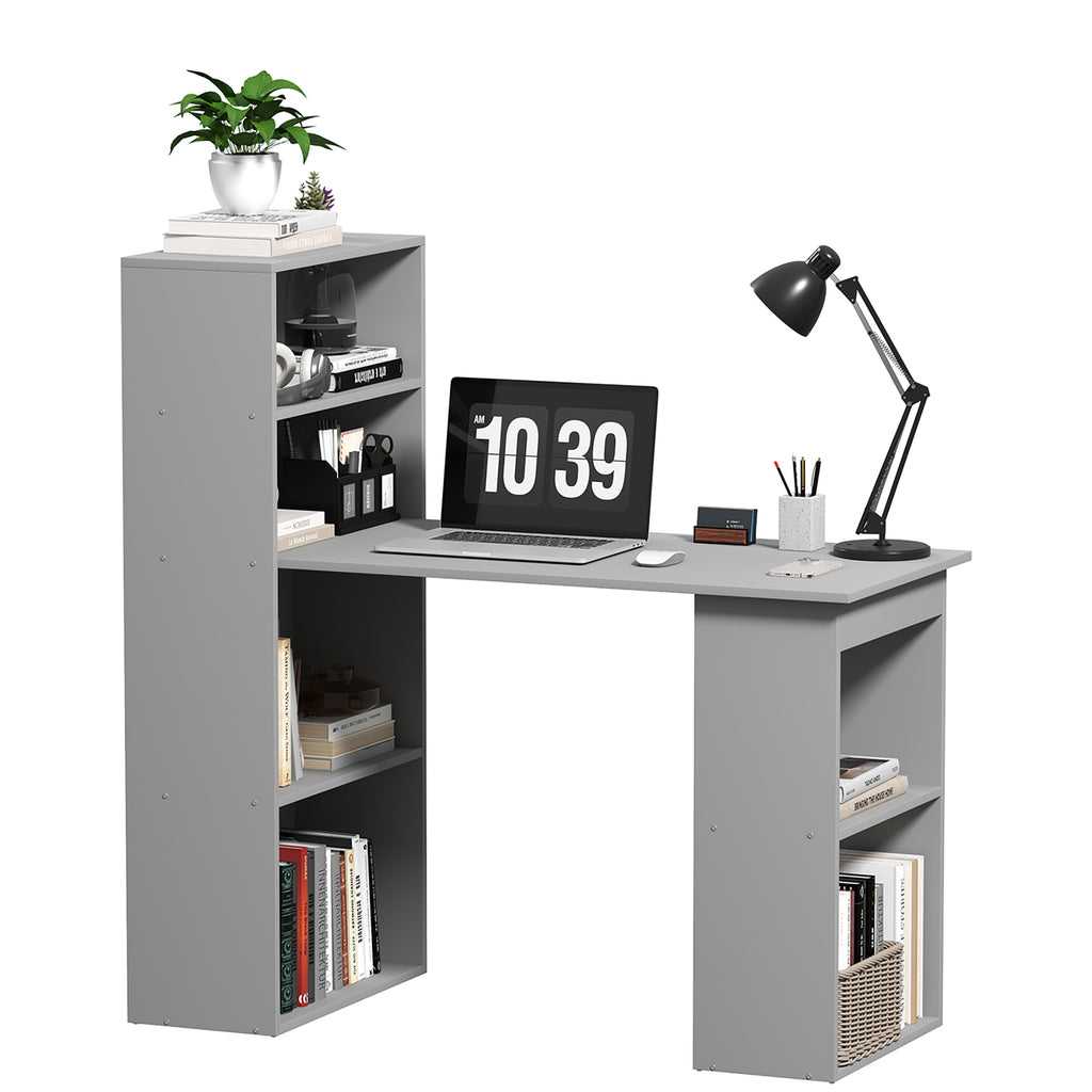 Bureau Compact DeskHarmony avec Bibliothèque Intégrée – Bureau d’Ordinateur Moderne 6 Étagères, Gris