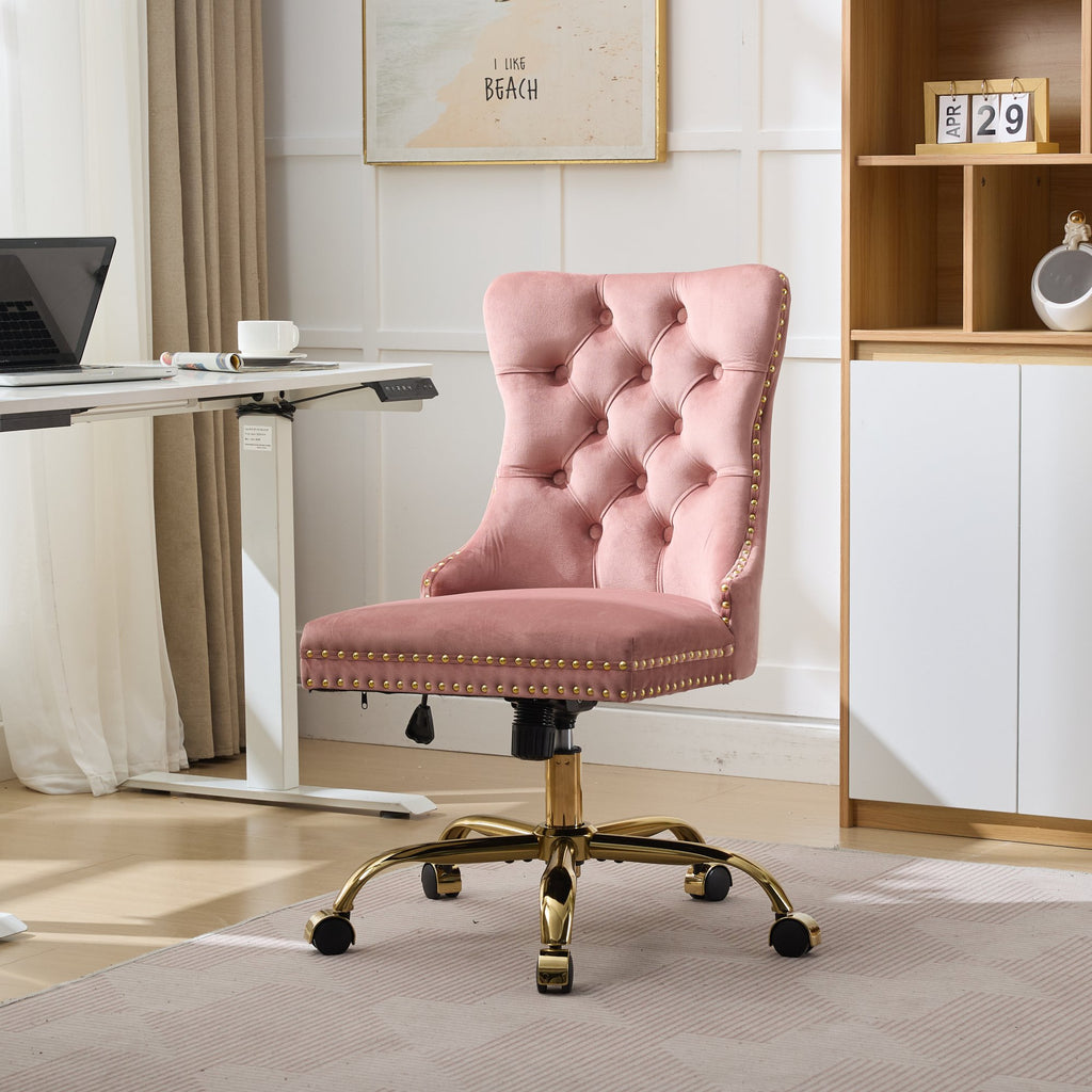 Fauteuil de Bureau en Velours Rose – Capitonné & Base Dorée Réglable