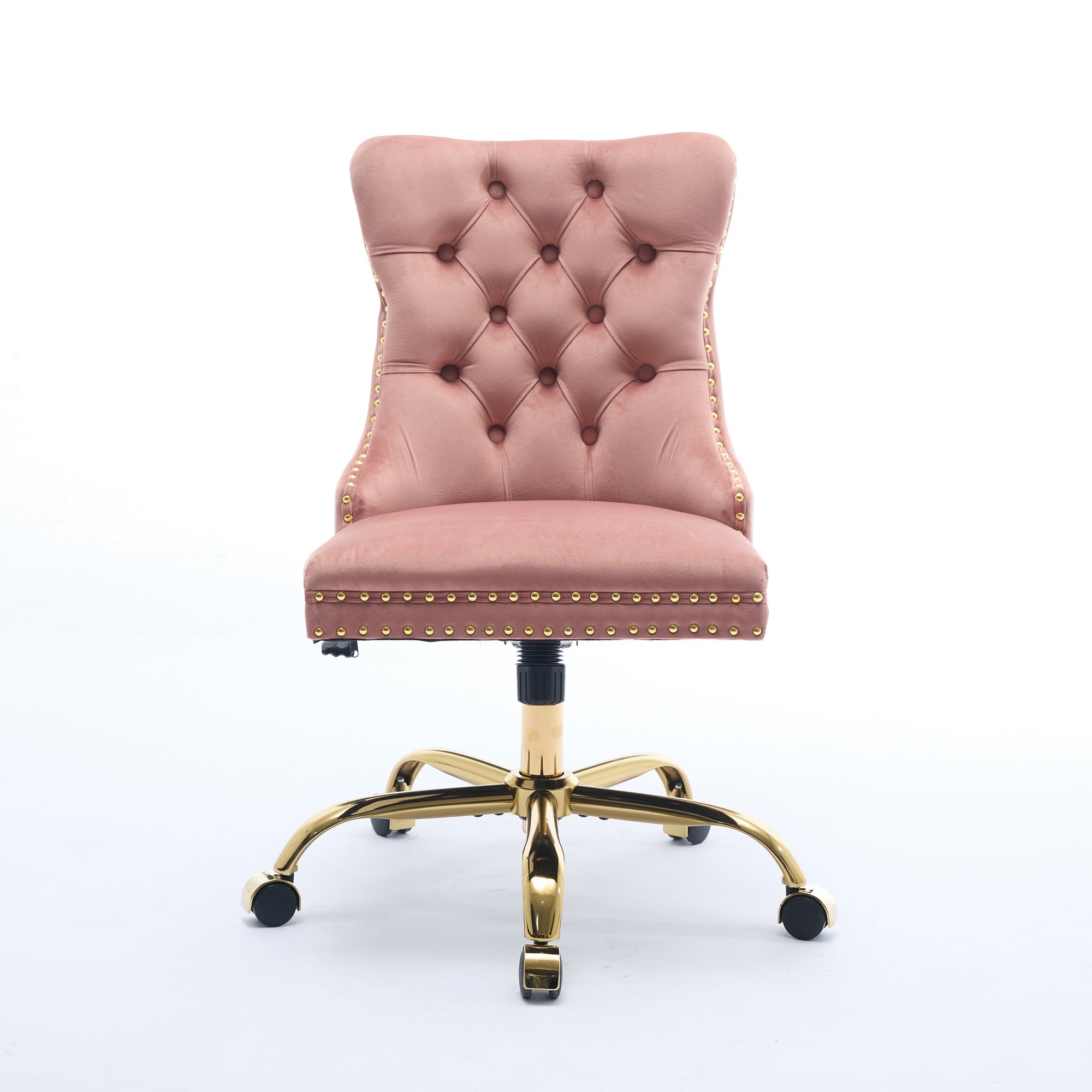 Fauteuil de Bureau en Velours Rose – Capitonné & Base Dorée Réglable