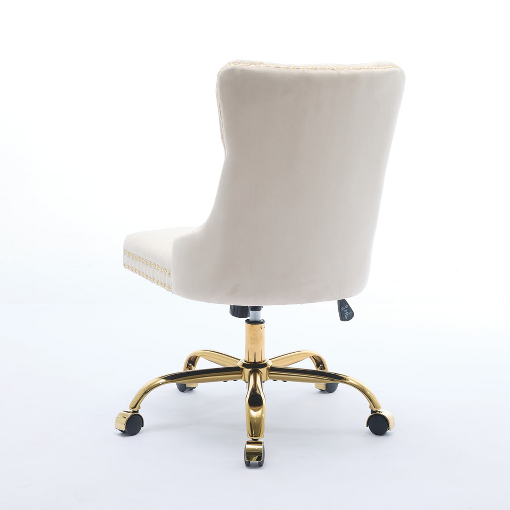 Fauteuil de Bureau en Velours Beige – Design Capitonné & Base Dorée