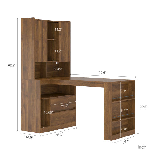 Bureau d’Angle en L avec Rangements, Bibliothèque et Éclairage LED – Bureau Moderne pour Télétravail