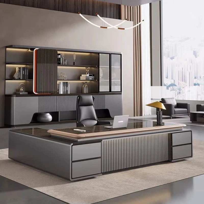 Bureau de Direction de Luxe en L – Hauteur Ajustable & Module de Rangement Latéral