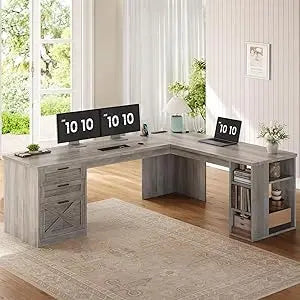 Bureau d’Angle 67" avec 3 Tiroirs & Étagères – Blanc – DeskHarmony