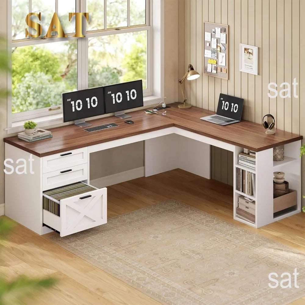 Bureau d’Angle 67" avec 3 Tiroirs & Étagères – Blanc – DeskHarmony