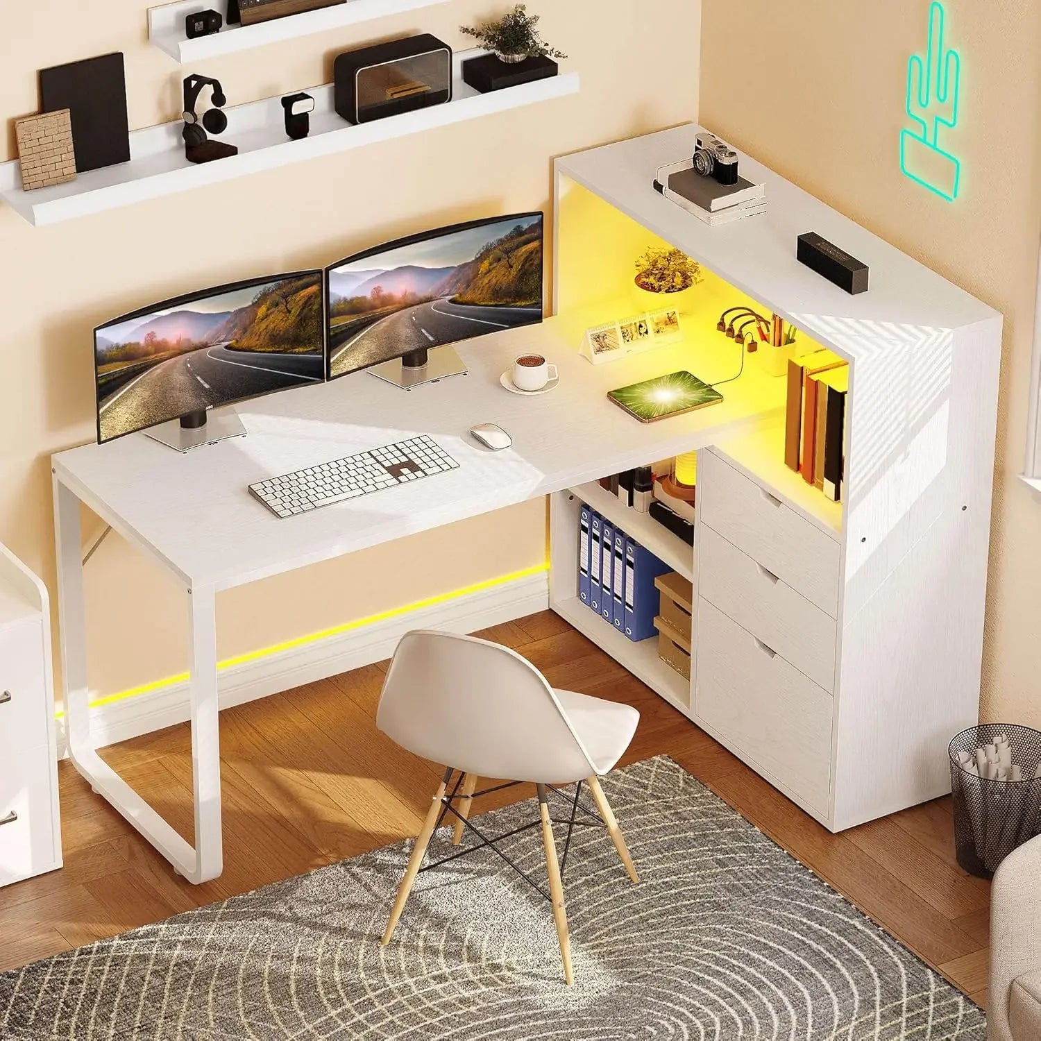 Bureau d’Angle en L avec rangements, Prises Intégrées et LED – DeskHarmony
