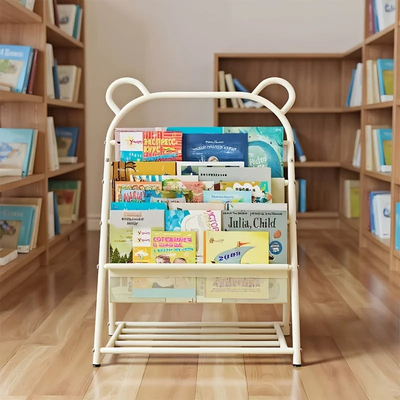 Étagère Enfant DeskHarmony – Bibliothèque à Plusieurs Niveaux avec Tubes Dorés, Rangement Livres & Magazines