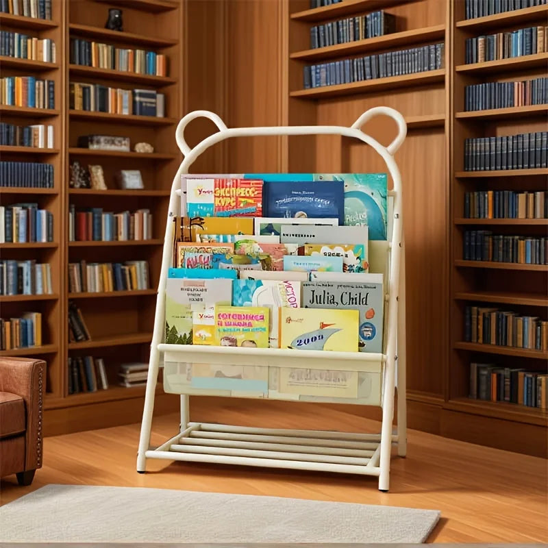 Étagère Enfant DeskHarmony – Bibliothèque à Plusieurs Niveaux avec Tubes Dorés, Rangement Livres & Magazines