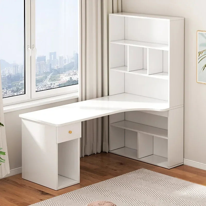 Bureau d’Angle en L avec Tiroirs et Étagères – DeskHarmony