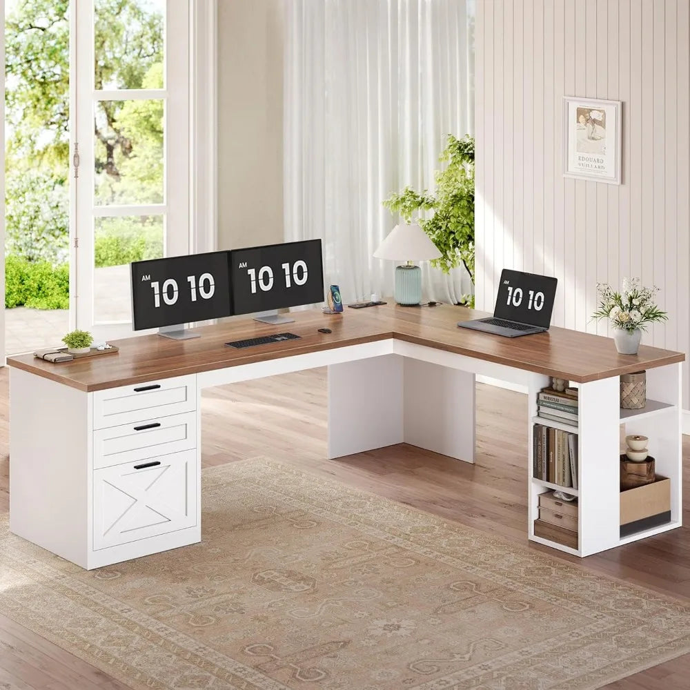 Bureau d’Angle 67" avec 3 Tiroirs & Étagères – Blanc – DeskHarmony