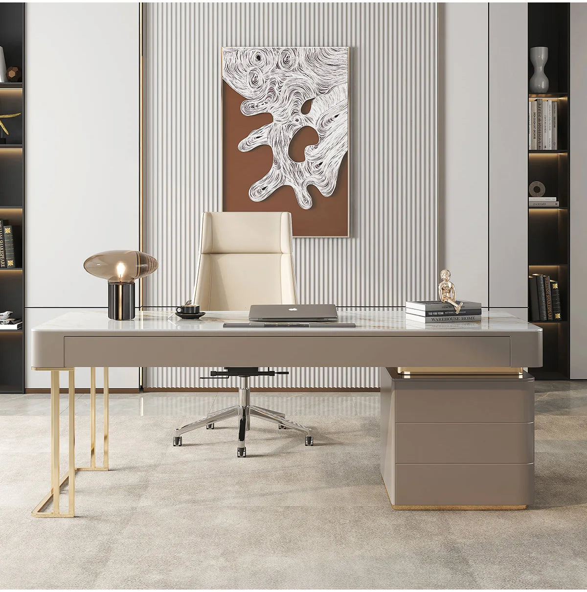 Bureau Moderne Scandinave – Plateau effet pierre & rangement intégré – DeskHarmony