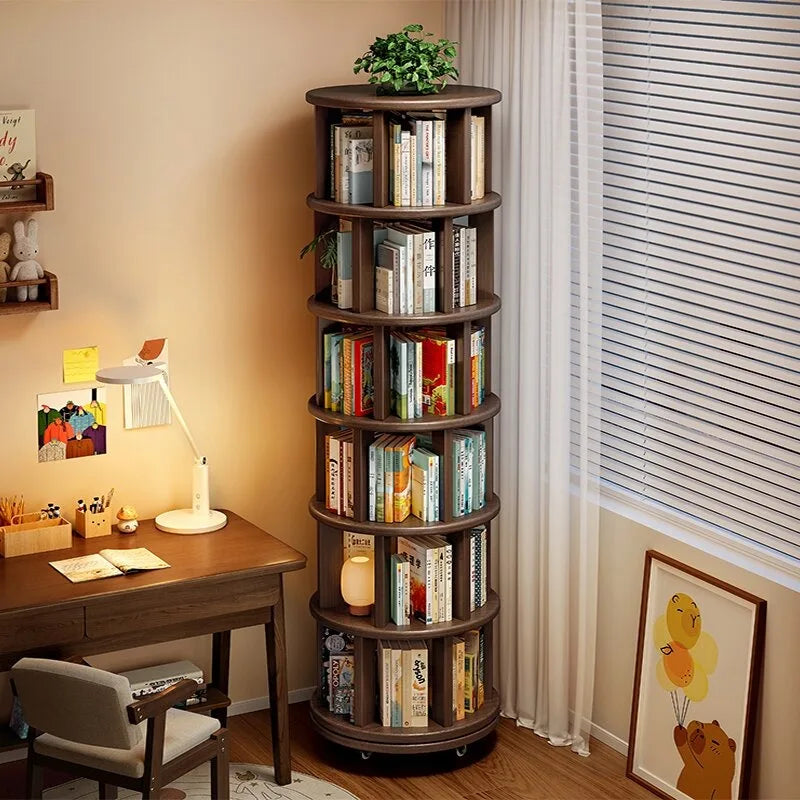 Bibliothèque Rotative 360° en Bois Massif DeskHarmony™ – Rangement Vertical Gain de Place
