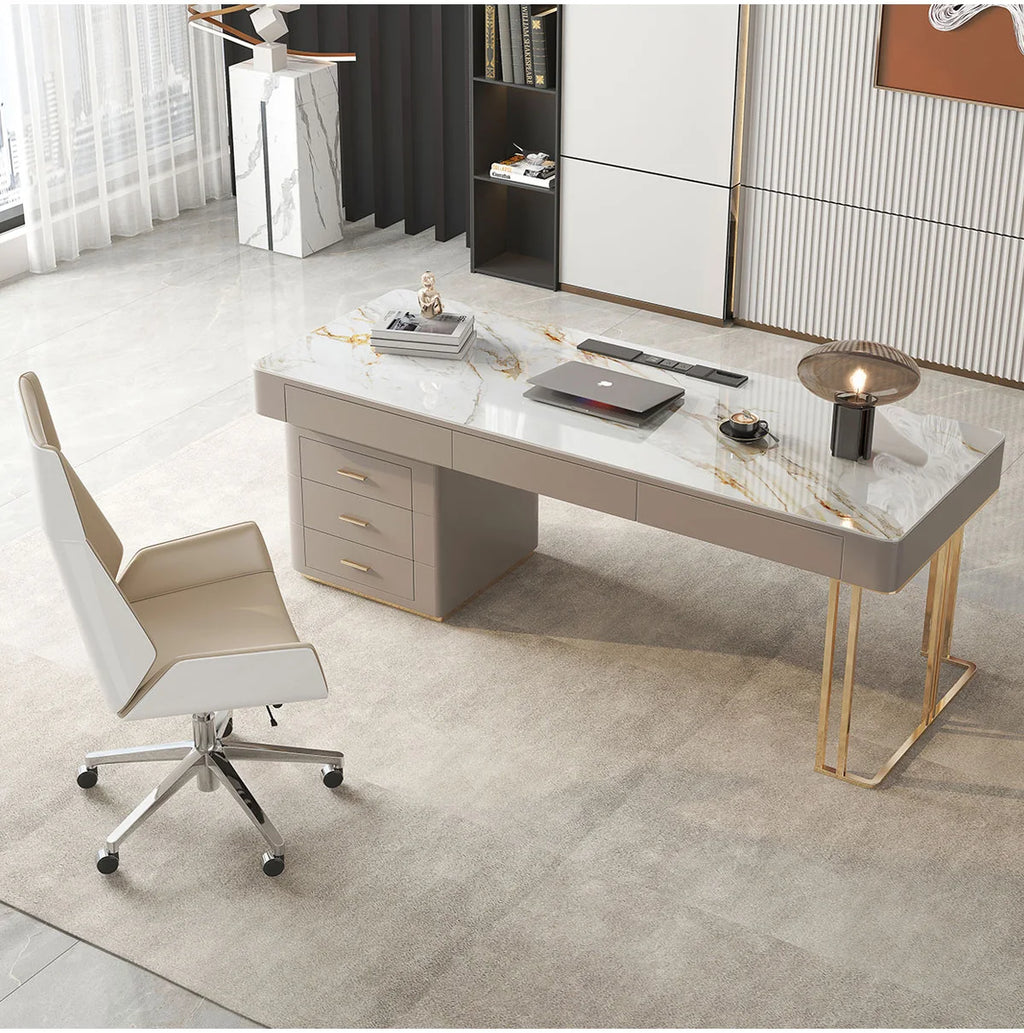 Bureau Moderne Scandinave – Plateau effet pierre & rangement intégré – DeskHarmony