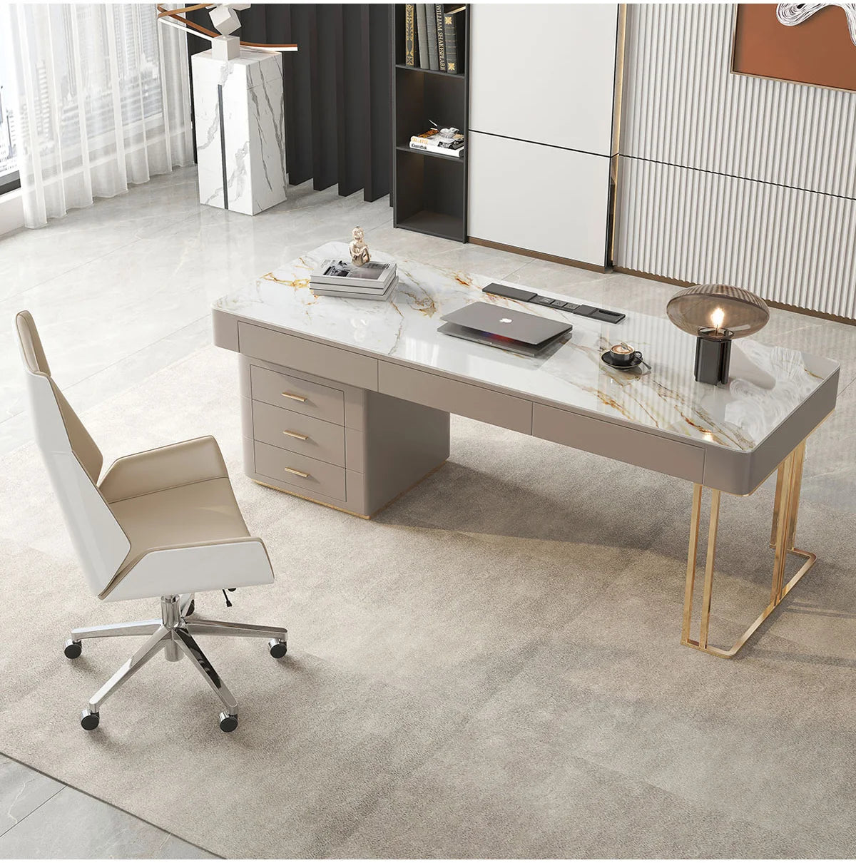 Bureau Moderne Scandinave – Plateau effet pierre & rangement intégré – DeskHarmony