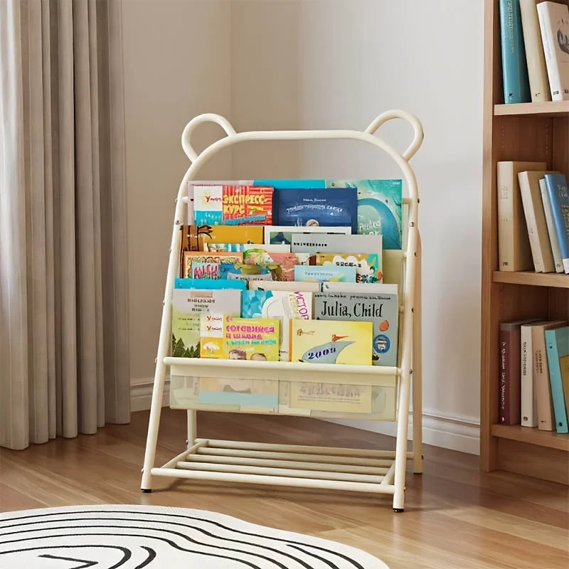Étagère Enfant DeskHarmony – Bibliothèque à Plusieurs Niveaux avec Tubes Dorés, Rangement Livres & Magazines