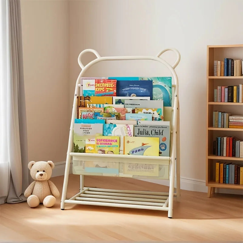 Étagère Enfant DeskHarmony – Bibliothèque à Plusieurs Niveaux avec Tubes Dorés, Rangement Livres & Magazines
