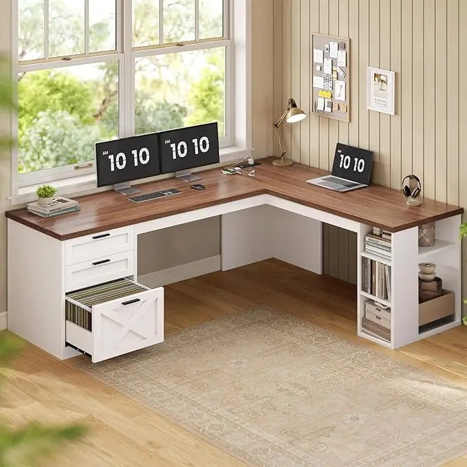Bureau d’Angle 67" avec 3 Tiroirs & Étagères – Blanc – DeskHarmony