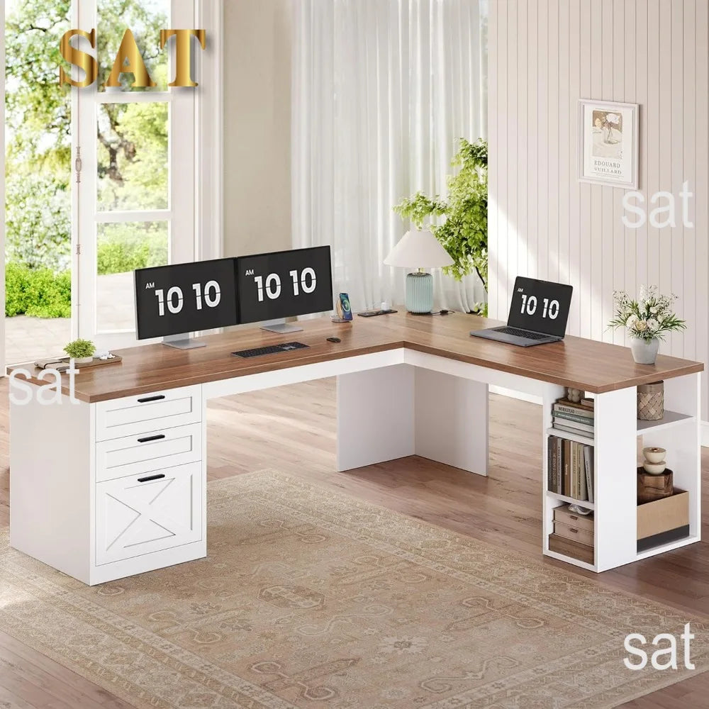 Bureau d’Angle 67" avec 3 Tiroirs & Étagères – Blanc – DeskHarmony
