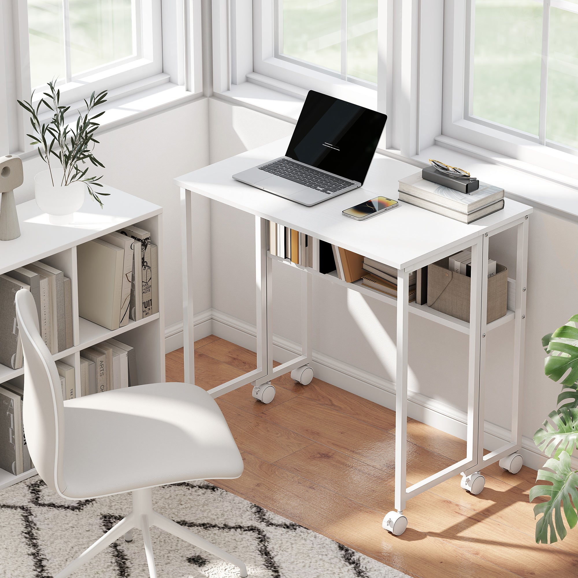 DeskHarmony™ Folding Desk with Shelf, Storage Bag and Wheels – White