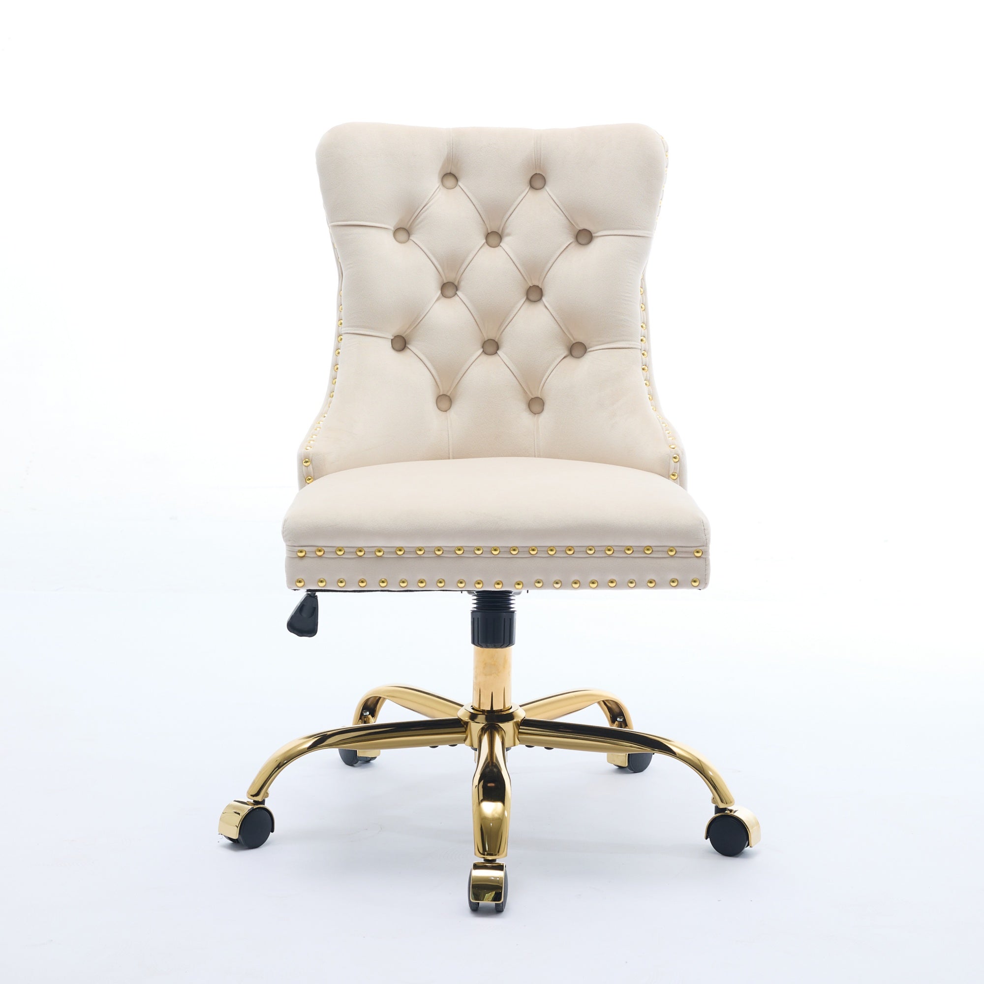 Fauteuil de Bureau en Velours Beige – Design Capitonné & Base Dorée
