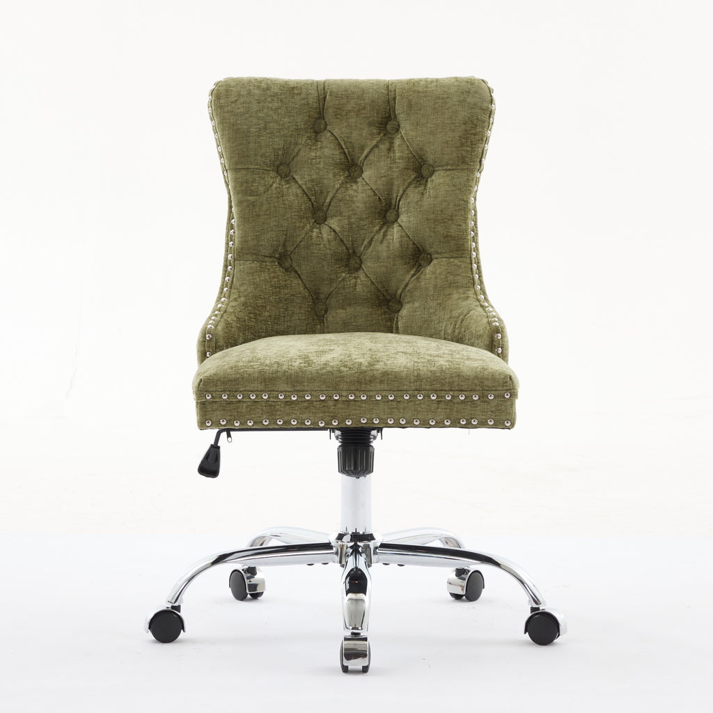 Fauteuil de Bureau en Chenille Vert – Capitonné & Base Chromée Réglable