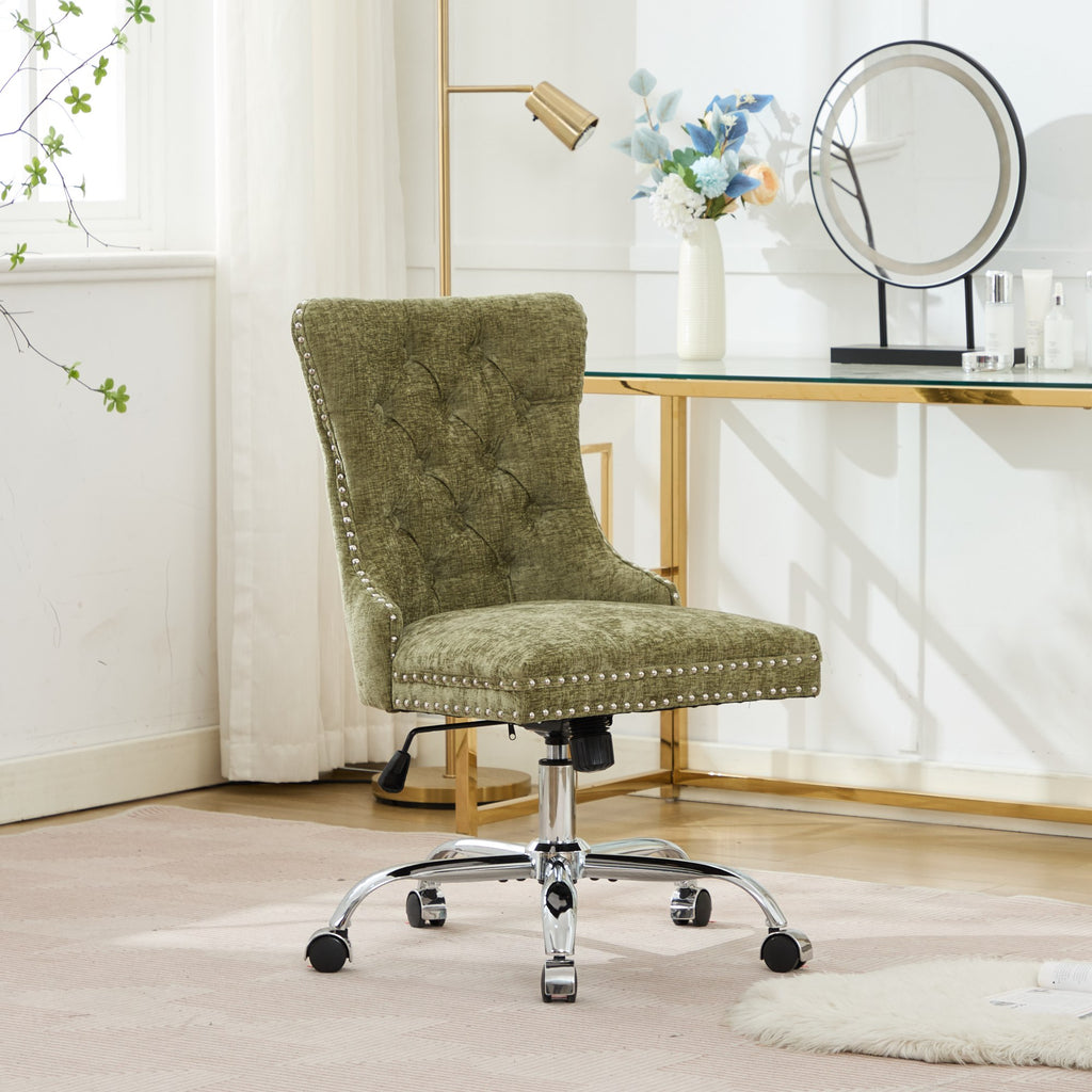 Fauteuil de Bureau en Chenille Vert – Capitonné & Base Chromée Réglable